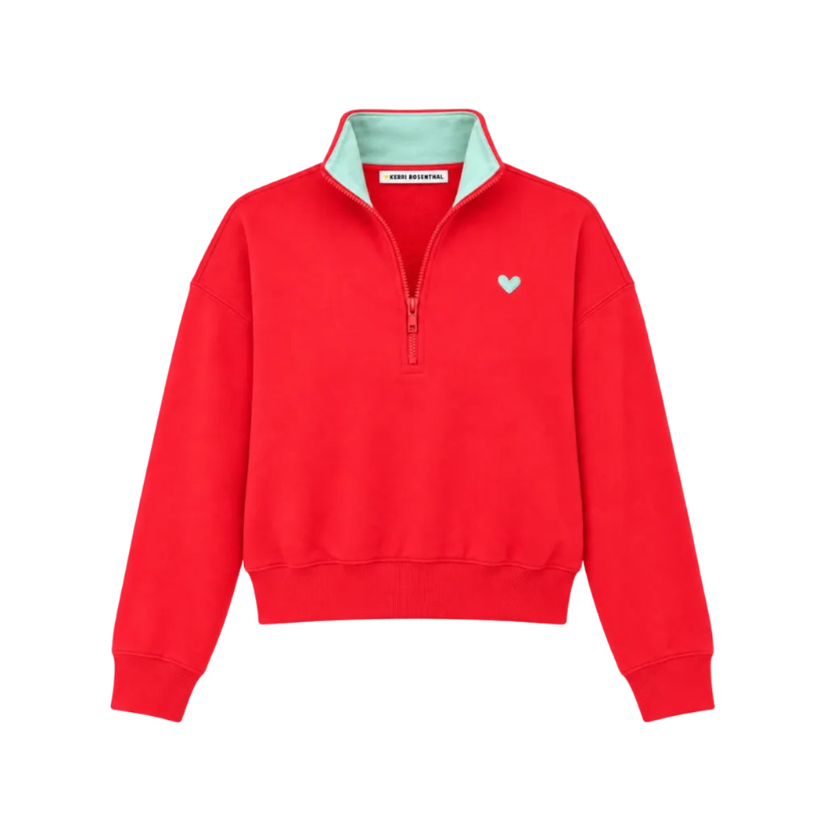 Flat view of the Sunday Quarter Zip Sweatshirt in red with a mint-lined collar