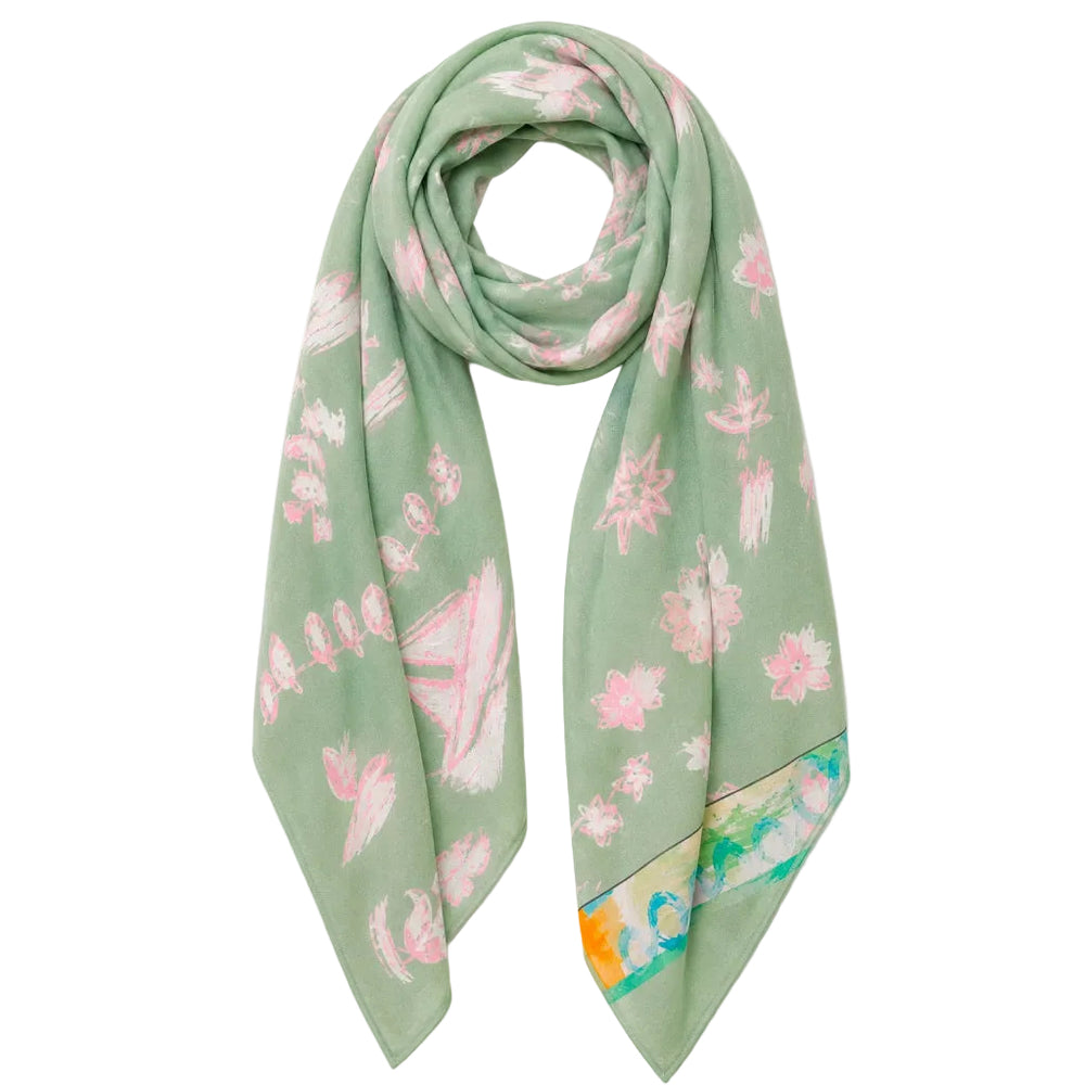 A sage green silk scarf with a pink floral pattern and a multicolor abstract border, displayed on a white background.