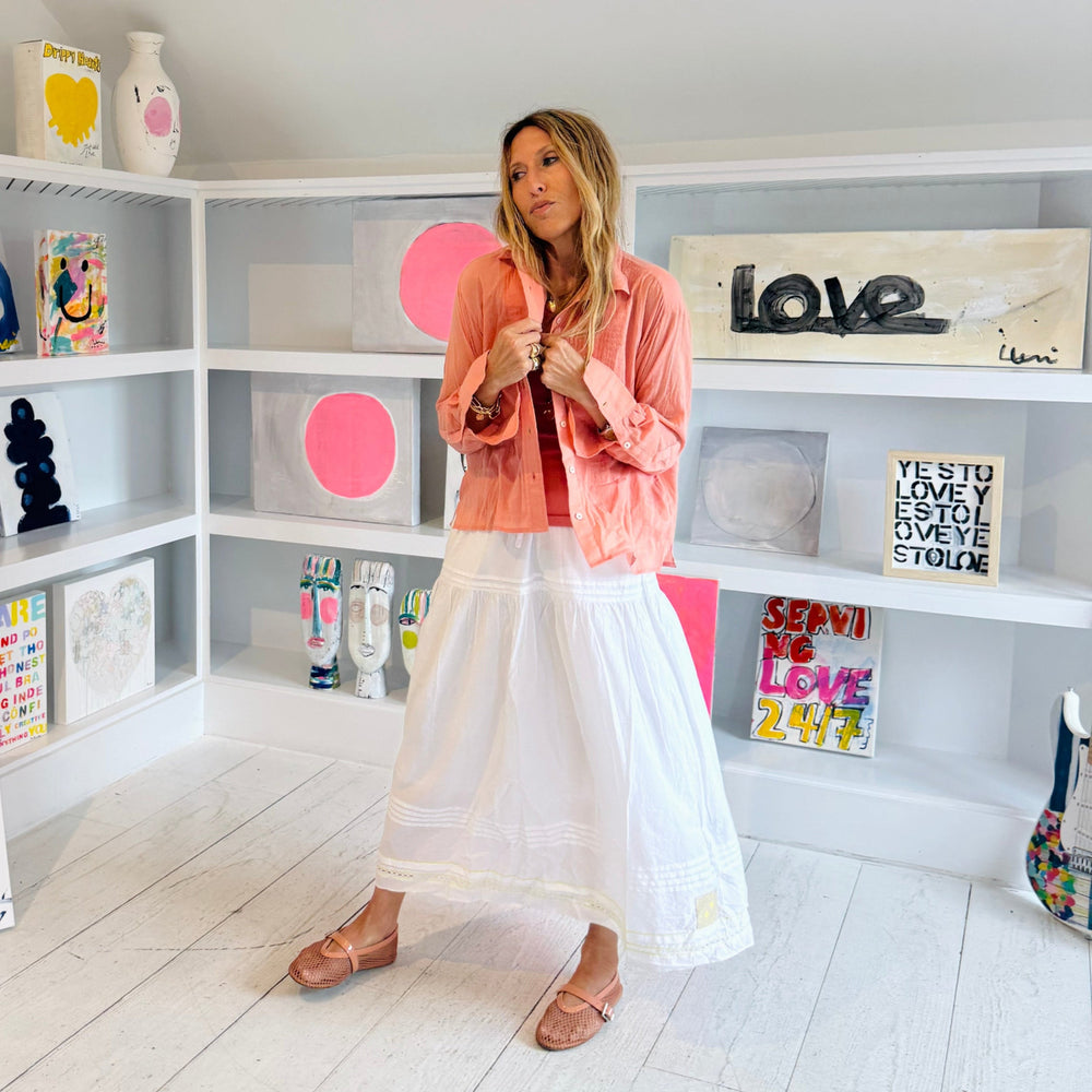 Kerri Rosenthal Tux Shirt in Cali Rose cotton voile with pintucked front and French cuffs and white cotton skirt