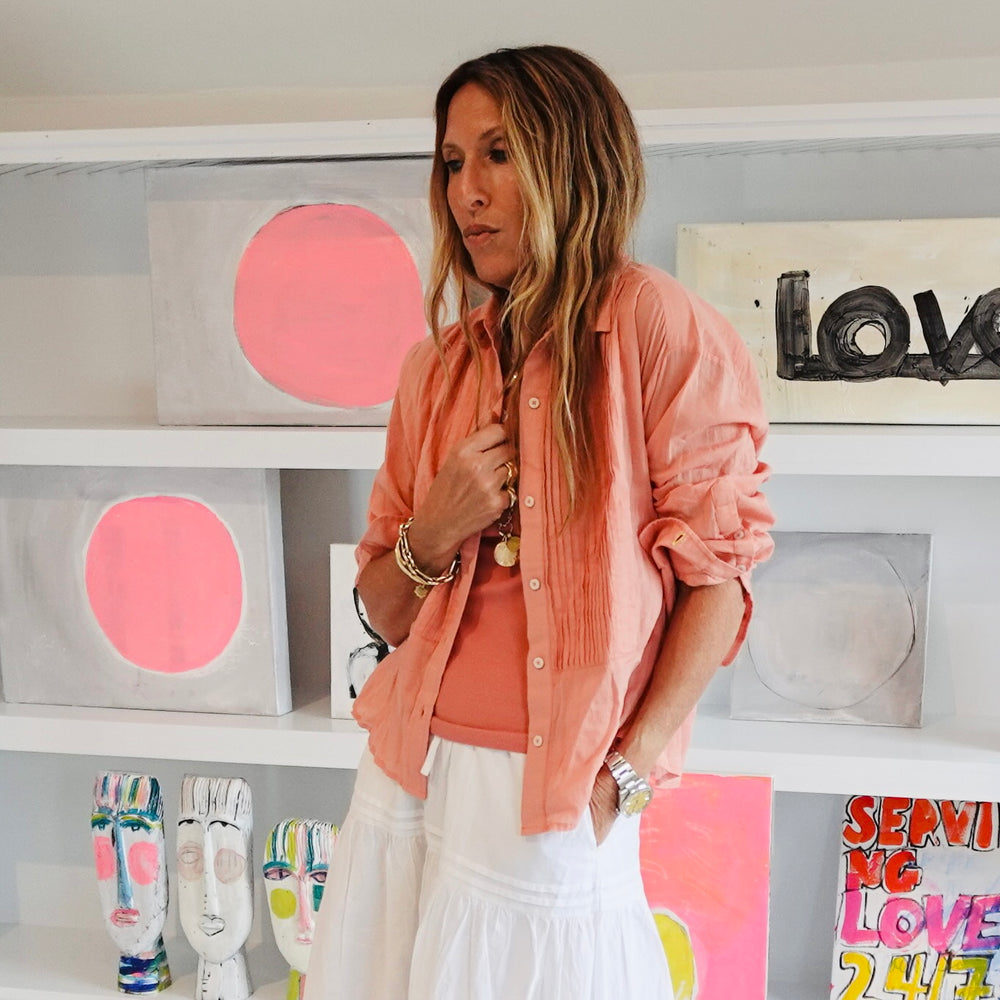 Kerri Rosenthal Tux Shirt in Cali Rose cotton voile with pintucked front and French cuffs.