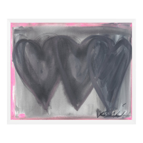 Holding Hearts art print  in white frame by Kerri Rosenthal featuring hand-painted abstract hearts in charcoal and pink.