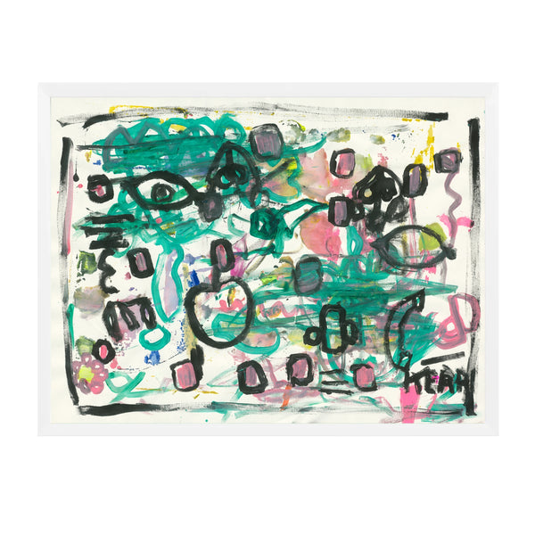 Framed original abstract painting by Kerri Rosenthal featuring teal, black, and pink brushstrokes with whimsical eye and heart motifs on white canvas, colorful contemporary wall art.