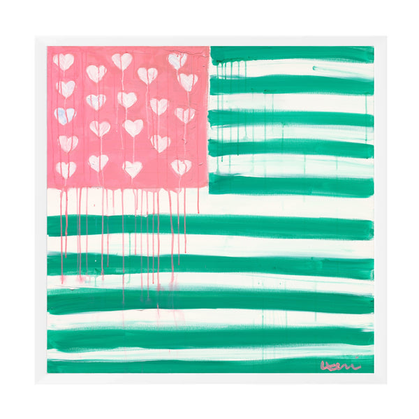 Kerri Rosenthal Heart-Flag painting in pink and green: an American flag design with a pink star field filled with white dripping hearts and teal-green and white painted stripes, framed in white.