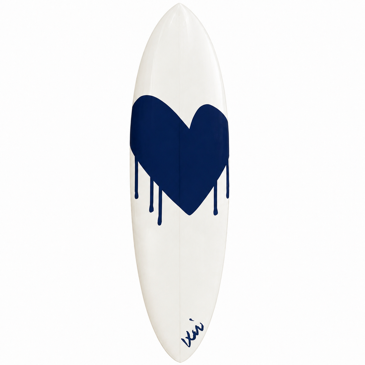 Kerri Rosenthal white surfboard with hand-painted navy drip heart and signature
