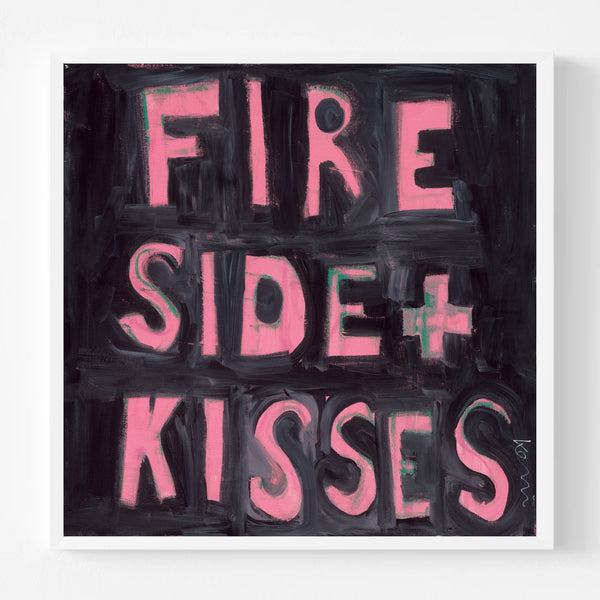 Kerri Rosenthal "Fireside + Kisses" original word art painting - pink hand-painted block letter text on black background canvas, framed in white, textured expressive brushstroke typography wall art for living room or bedroom decor