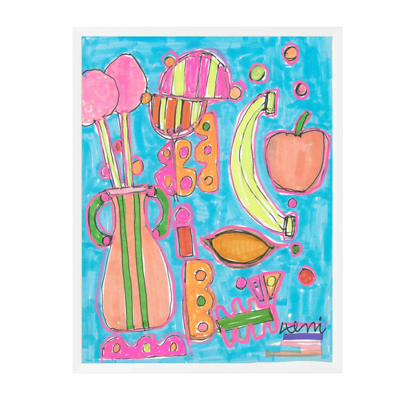 Poolside tropical abstract art print in a white frame