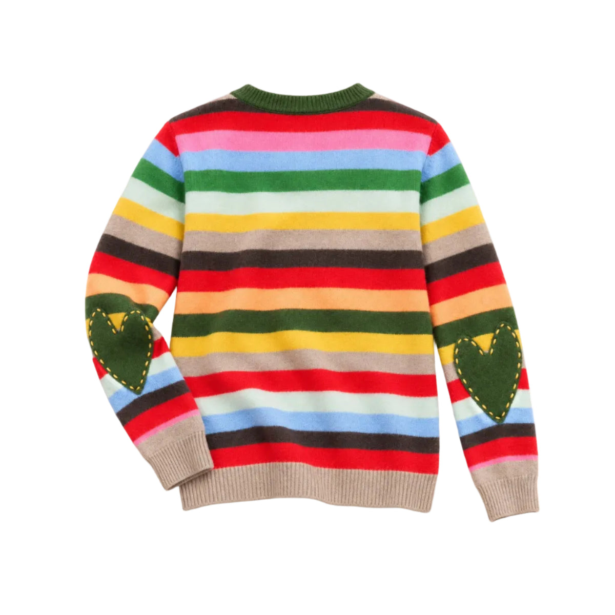 Flat view of the Patchwork Pullover Stripe Sweater in multicolor stripe with green heart elbow patches