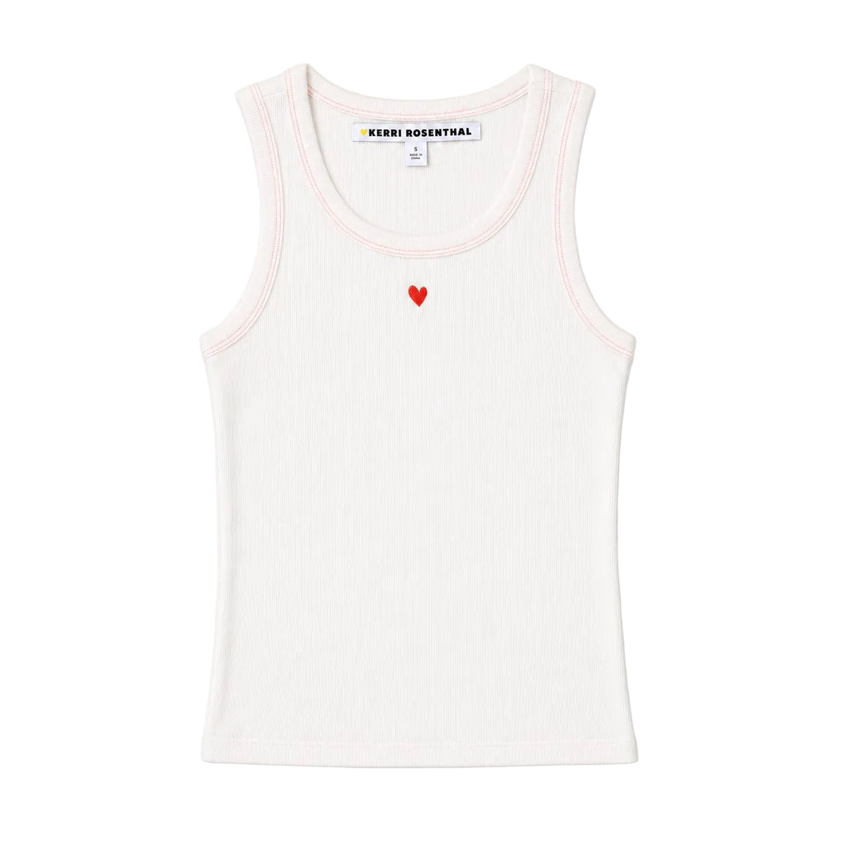 Flat view of the KR Tank in white with a ribbed knit and a small red heart