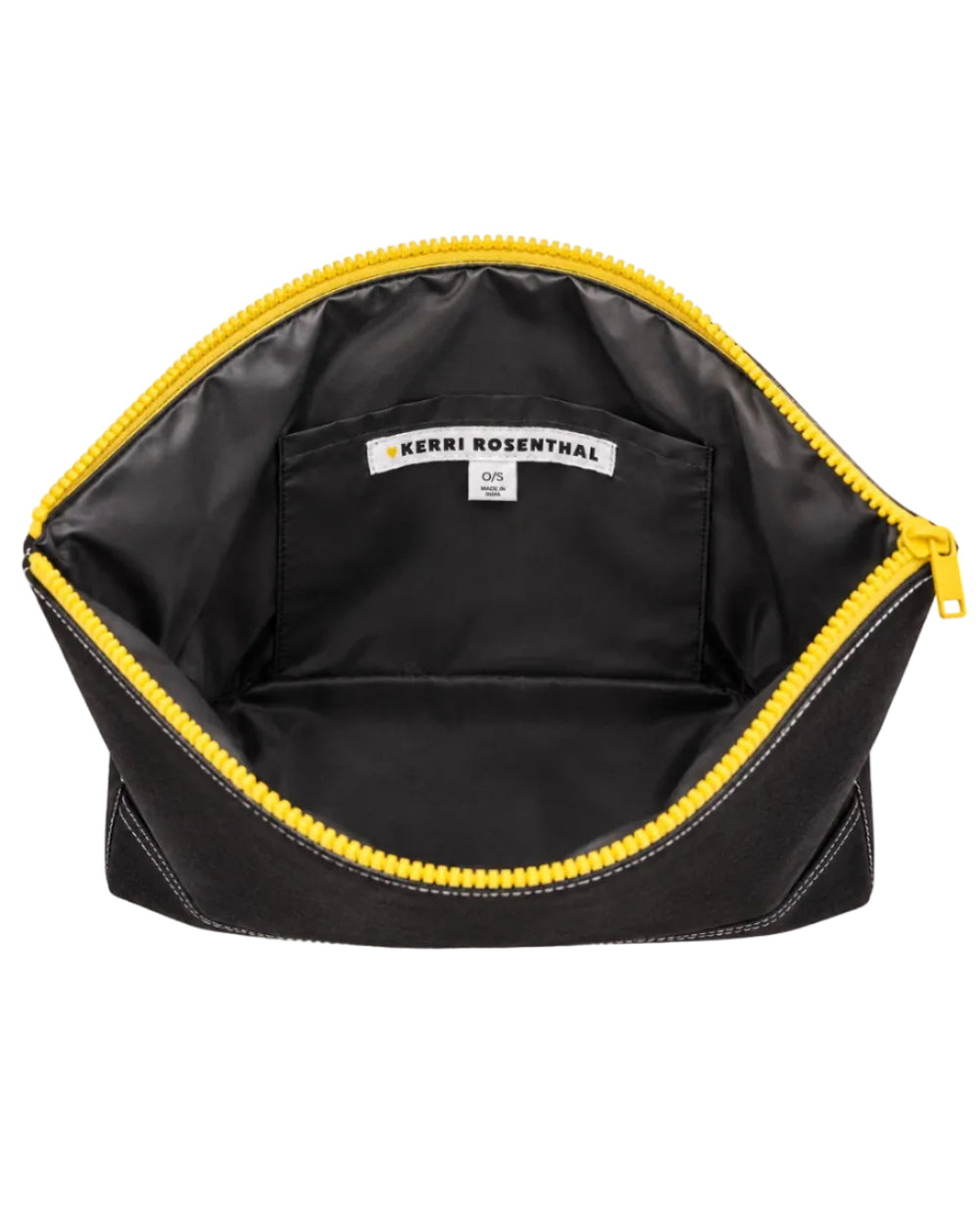 Open Jumbo Love Clutch in black showing the lined interior and yellow zipper