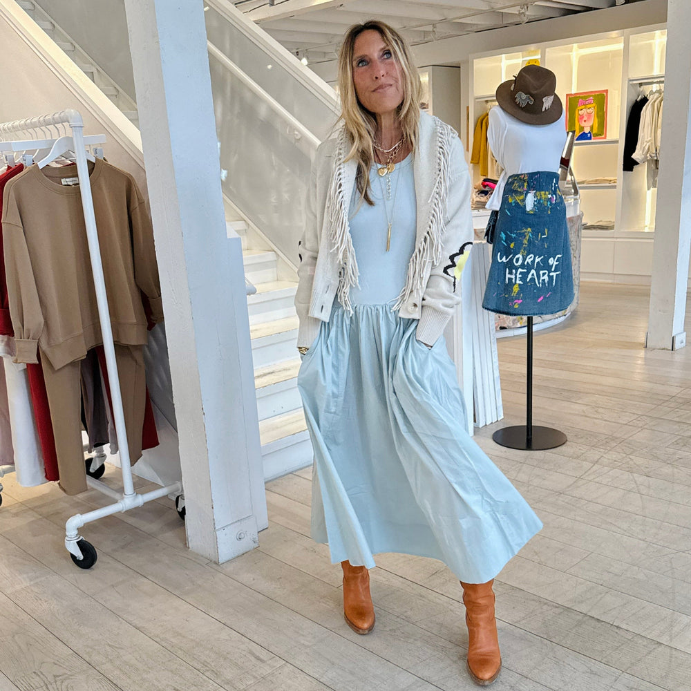 KR Tank light blue sleeveless dress in 100% cotton with fringe shawl collar cardigan by Kerri Rosenthal