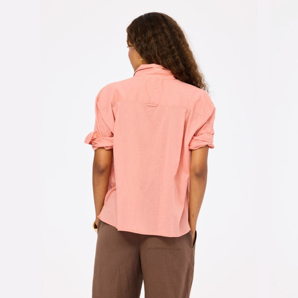 Kerri Rosenthal Tux Shirt in Cali Rose cotton voile with pintucked front and French cuffs with brown palazzo pants.