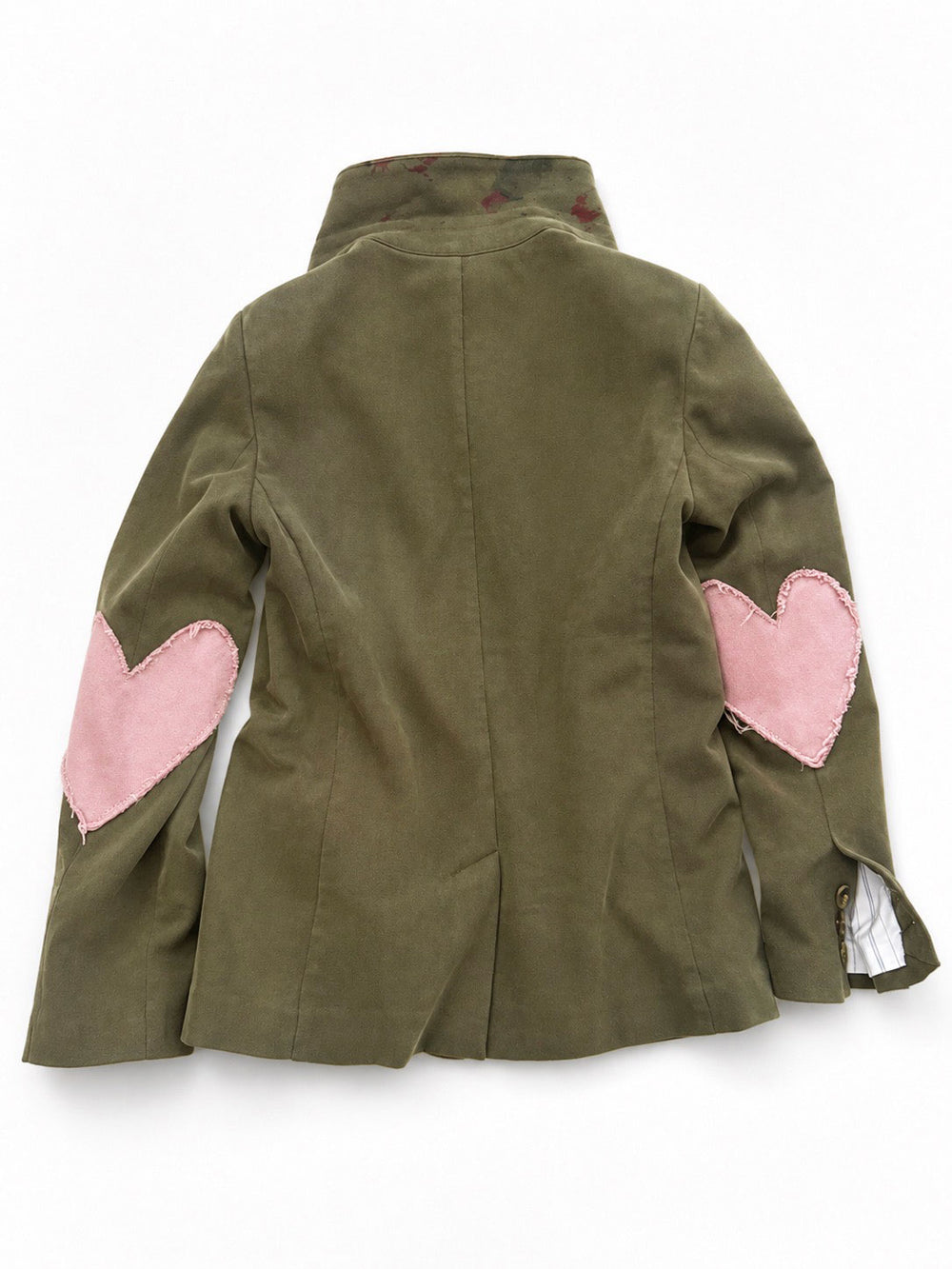 Undercollar with studio art on workday love green cotton blazer with pink heart elbow patches  - Shop women's blazers by Kerri Rosenthal