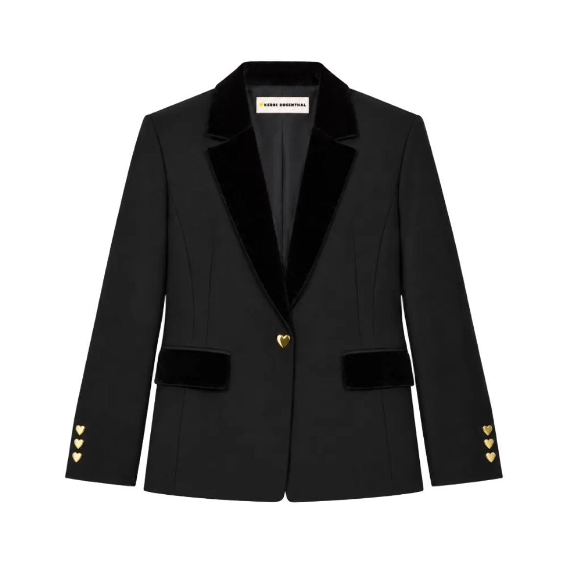 Model wearing the Workday Fancy Blazer in black over the Mock Neck Rib Tee in black with jeans, front view