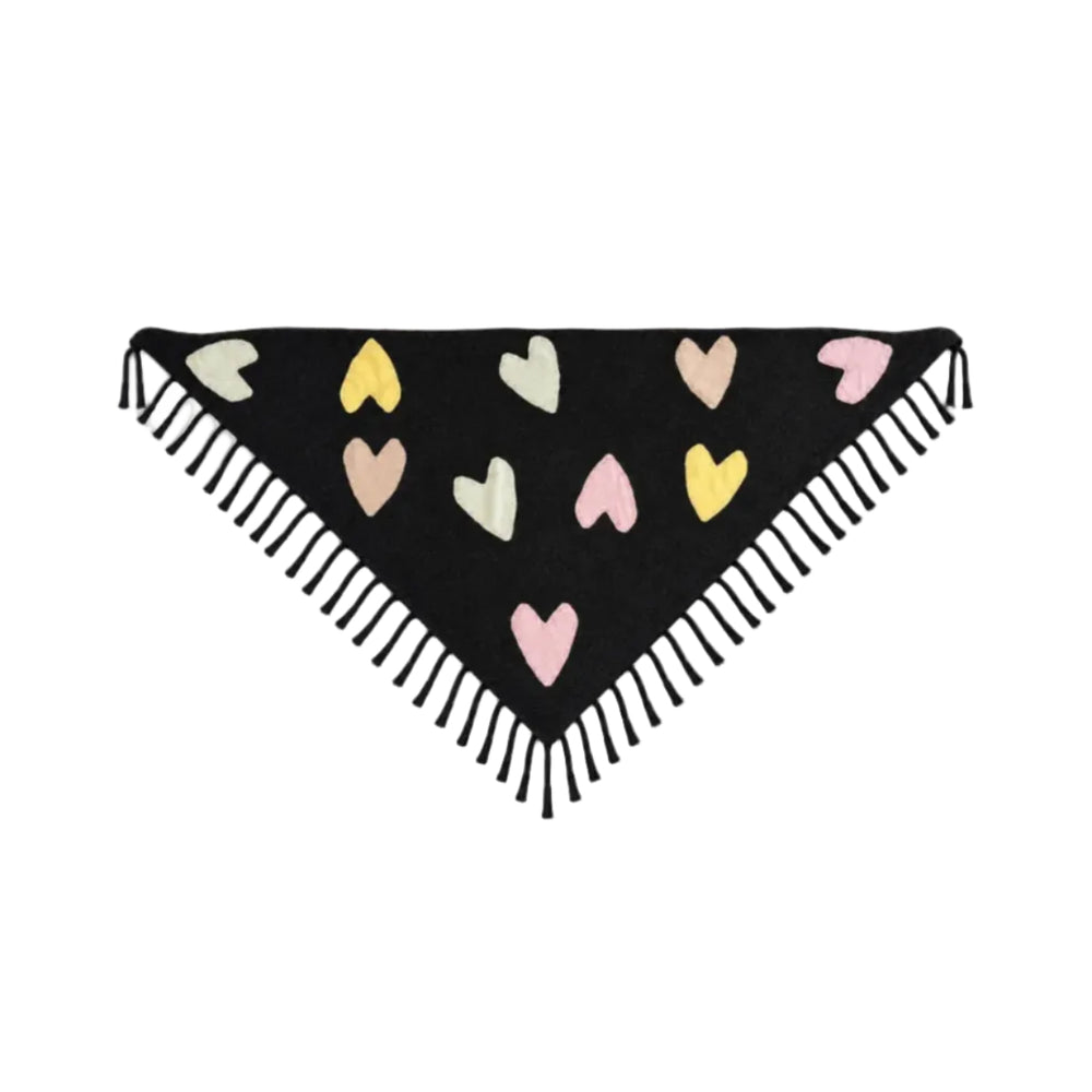 Flat view of the Love Nest Zero Waste Wrap in black with patchwork hearts and fringe edges