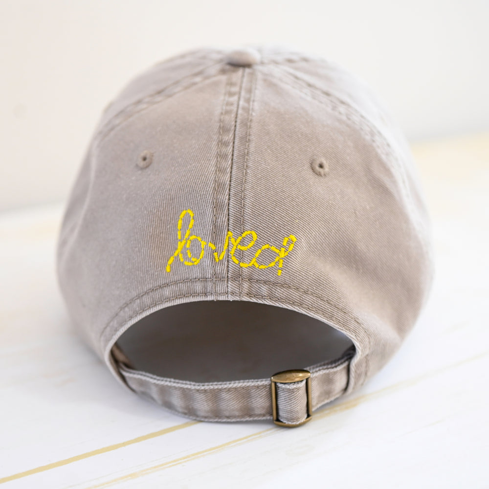 Sand khaki baseball hat sunshine yellow heart patch - cute baseball hats for women by Kerri Rosenthal