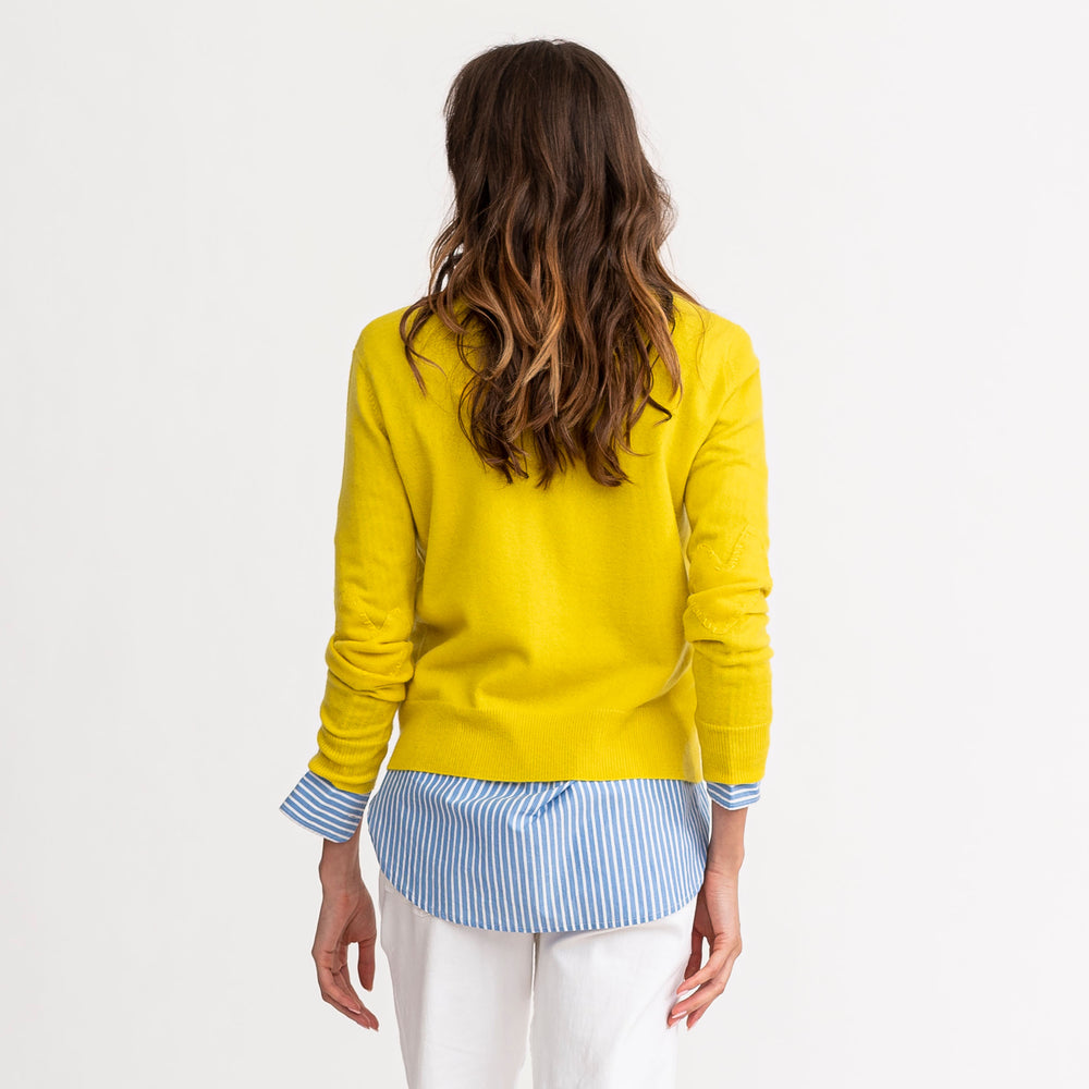 Heart Elbow Patchwork Pullover Long Sleeve Cashmere Sweater bright neon yellow lemonade - designer fashion sweaters by Kerri Rosenthal