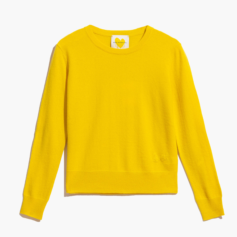 Heart Elbow Patchwork Pullover Long Sleeve Cashmere Sweater bright neon yellow lemonade - designer fashion sweaters by Kerri Rosenthal