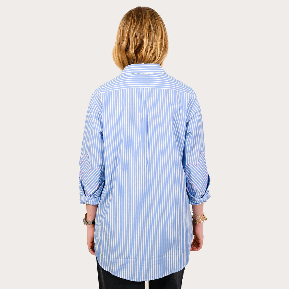 Mia stripe light blue cotton button-up shirt with long sleeve, tiny pink heart and elbows patchwork - Cute women's designer staple shirts by Kerri Rosenthal