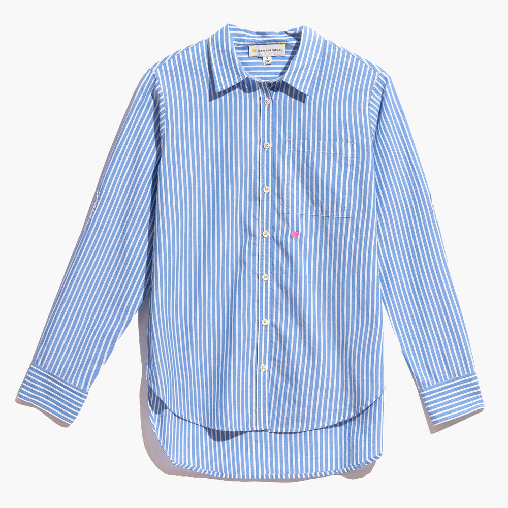 Mia stripe light blue cotton button-up shirt with long sleeve, tiny pink heart and elbows patchwork - Cute women's designer staple shirts by Kerri Rosenthal