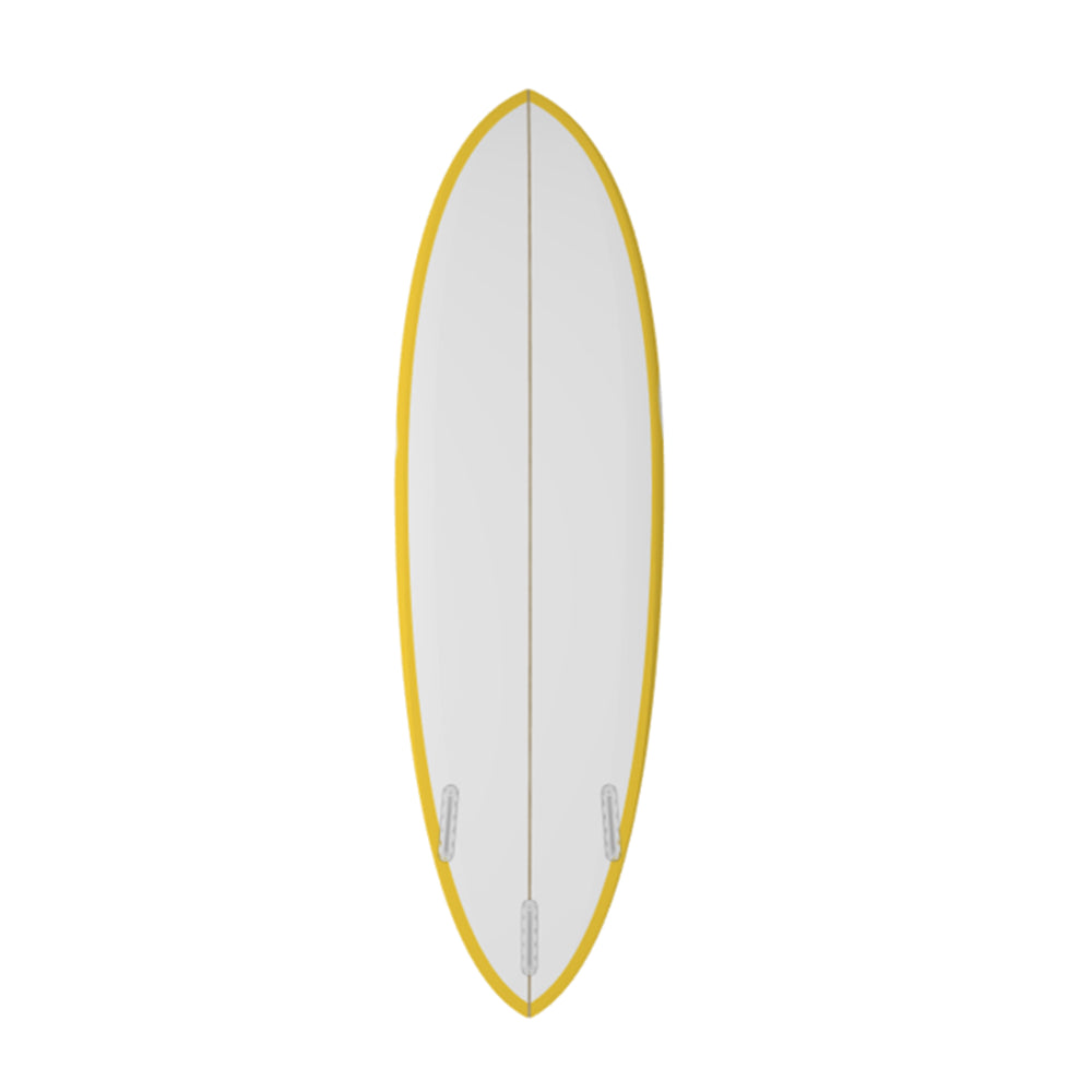 Bright yellow and white Drippy Heart surfboard by Kerri Rosenthal, handmade and wall-mountable