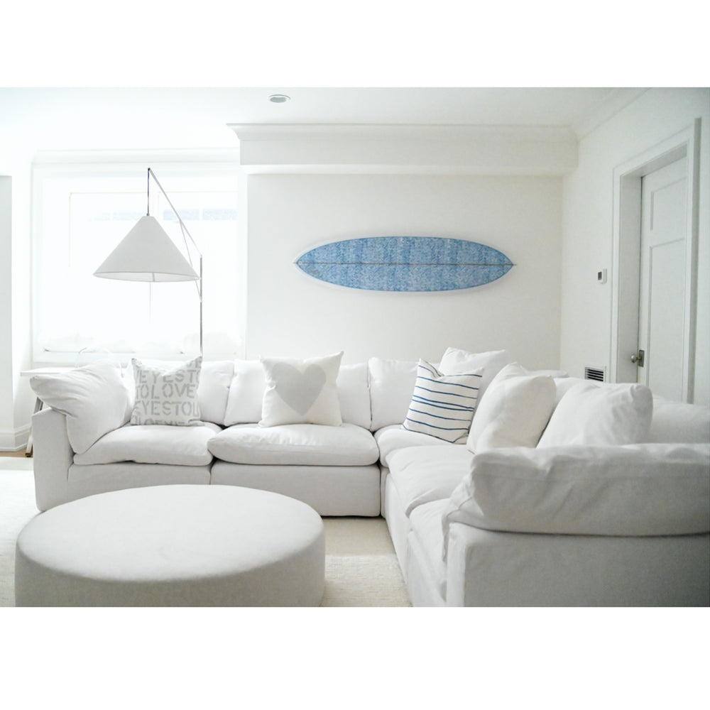 Cute custom Indigo blue jayney wall decorative painted surfboard with linen throw pillows by Kerri Rosenthal