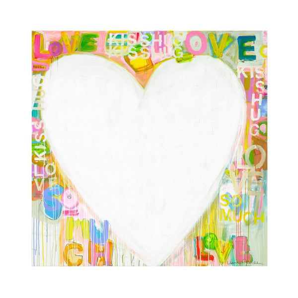 Kiss Hug + Love  Drippy Heart Art Print Artwork by Kerri Rosenthal for living room wall decor